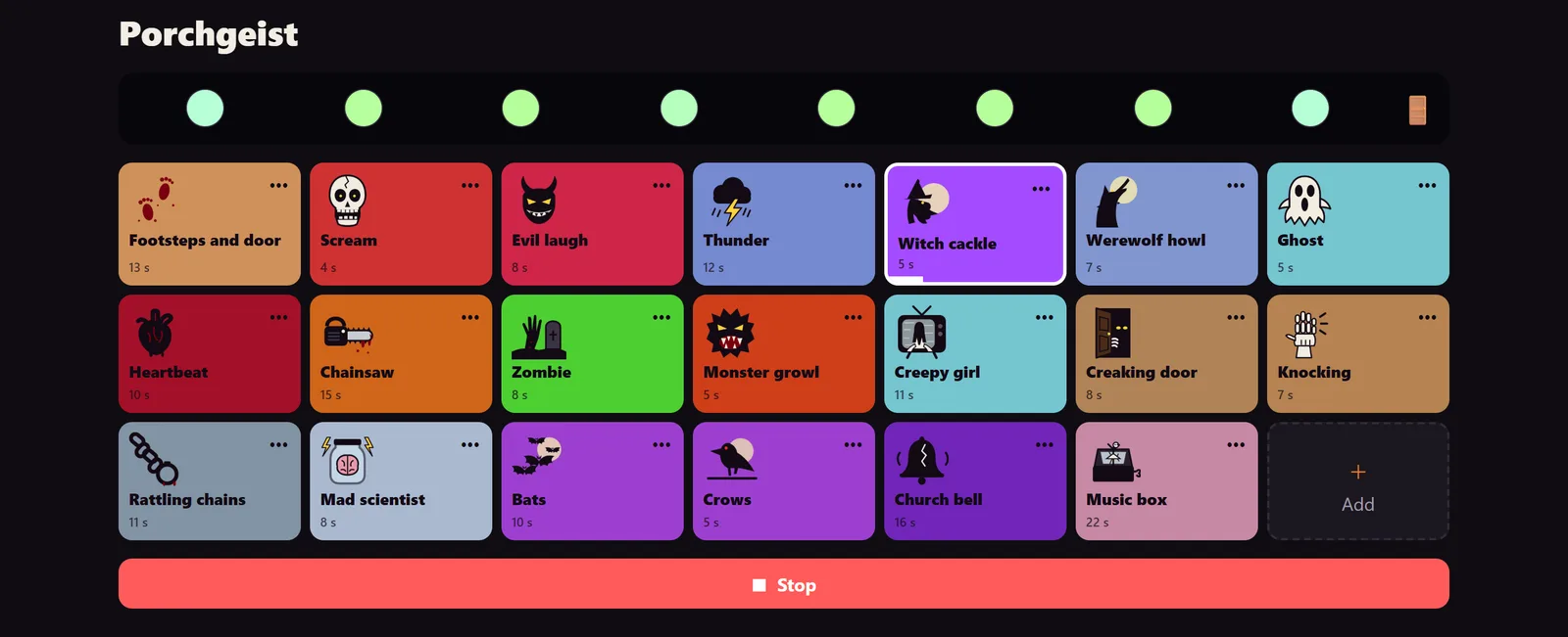 Porchgeist's board on an iPad: twenty scares with their pictures, and the porch lights shown above them