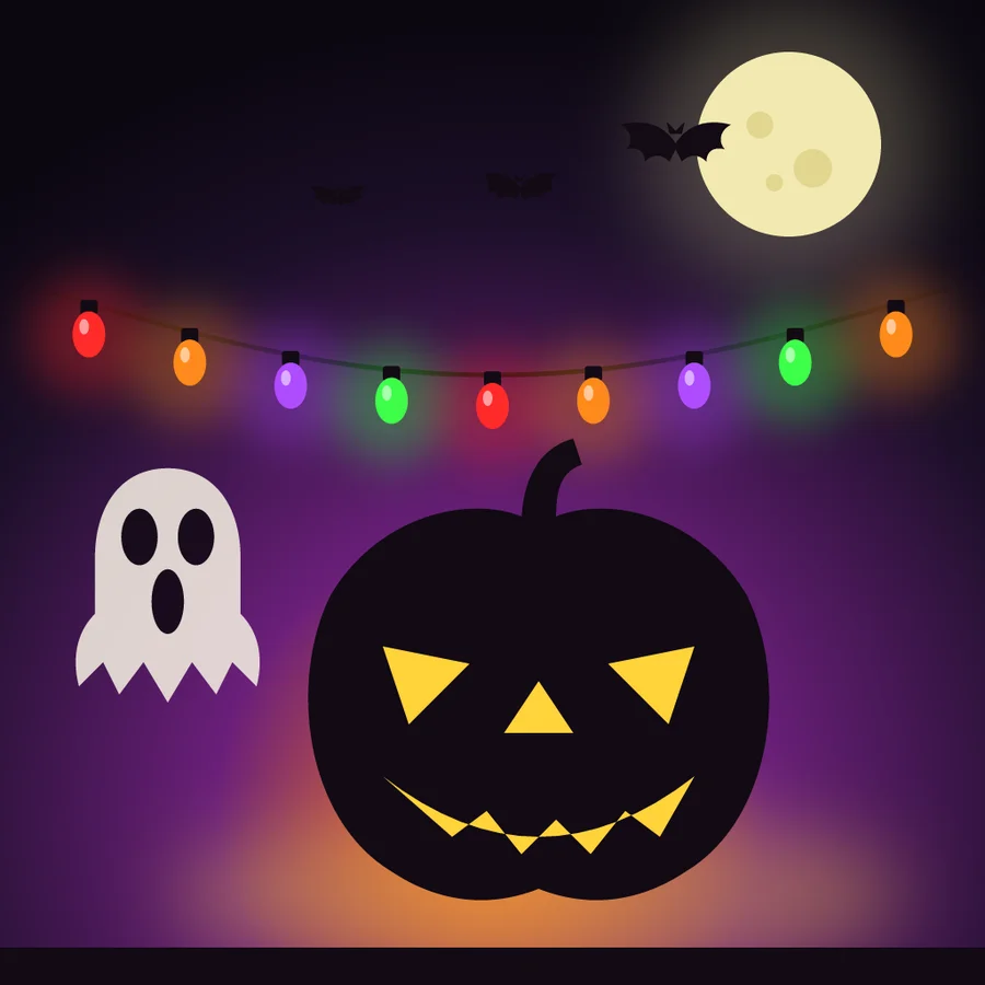 A glowing jack-o'-lantern under a string of coloured porch lights, a ghost and bats by the moon